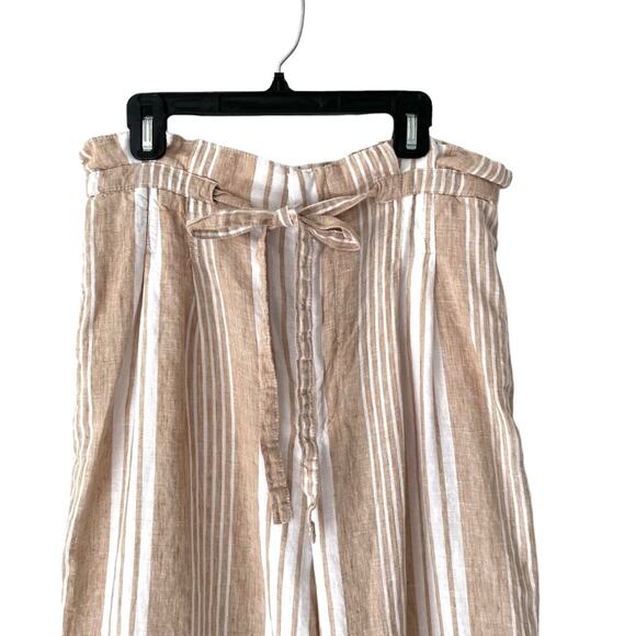 Magaschoni Linen Tan White Stripe Crop Wide Leg Palazzo Pants size medium - Picture 2 of 6